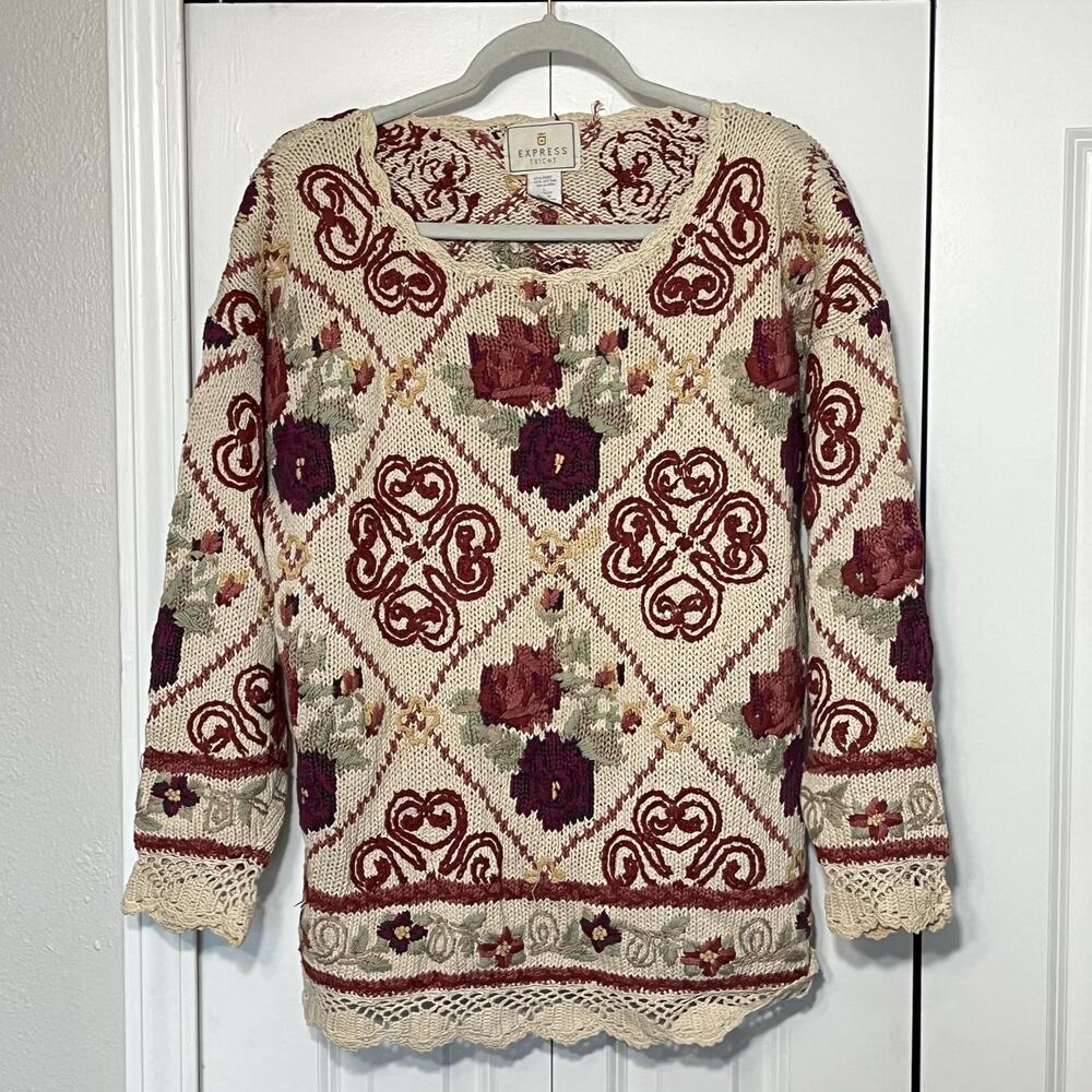 VTG Express Tricot Sweater Tapestry Floral Crochet Lace Knit Boho Crazy Quilt